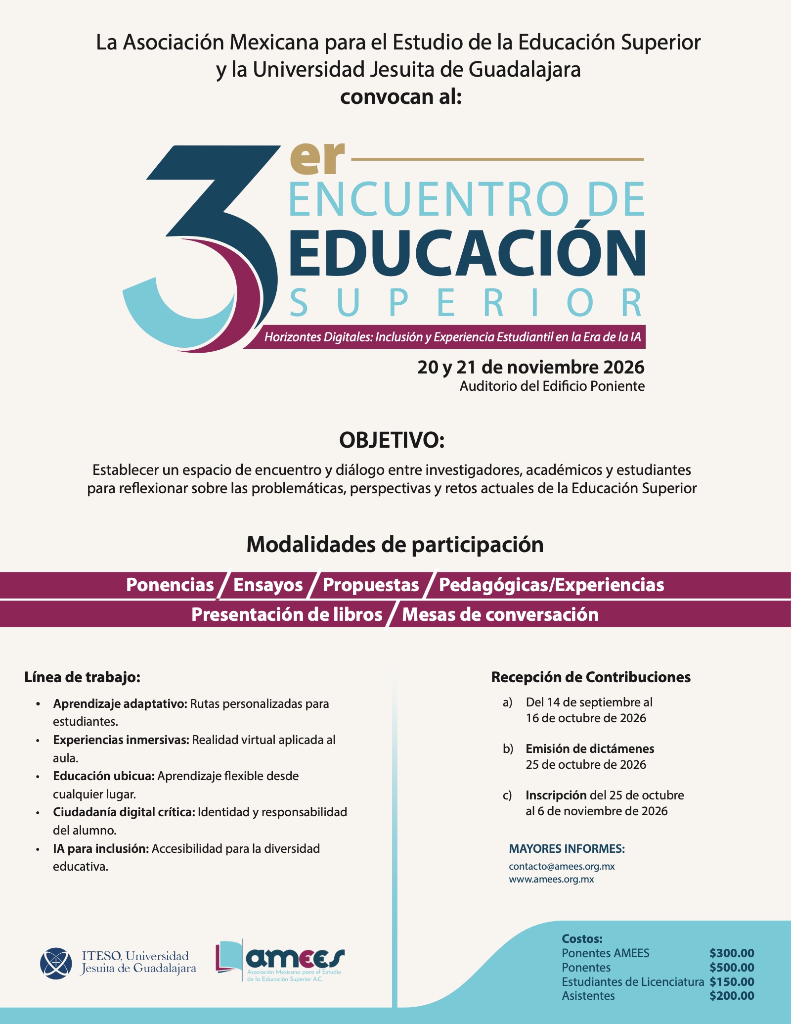 Convocatoria 3er Encuentro de Educación Superior AMEES 2026, 20 y 21 de noviembre, ITESO