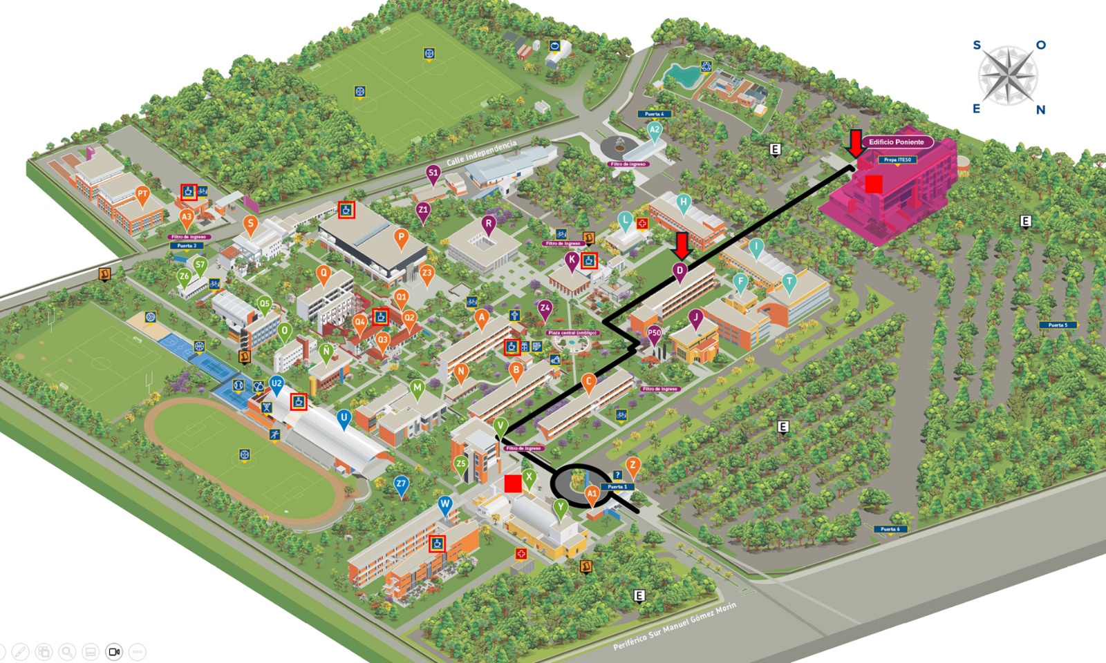 Mapa del campus ITESO con la ruta desde la Puerta 1 sobre Periférico Sur hasta el Edificio Poniente