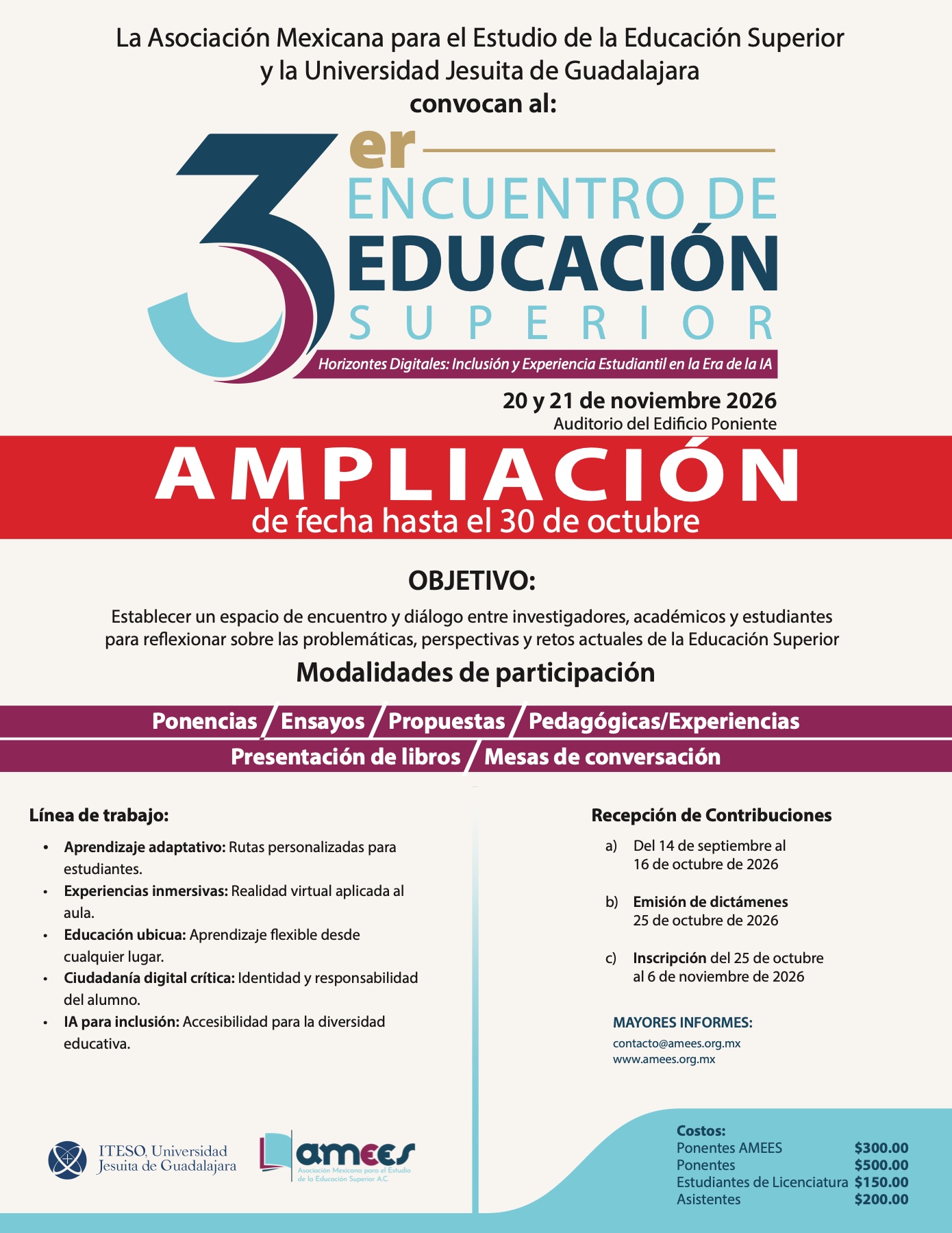 Convocatoria 3er Encuentro de Educación Superior AMEES 2026 con ampliación de fecha hasta el 30 de octubre